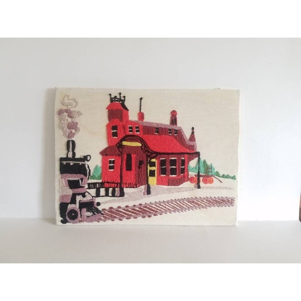 Vintage Crewel Art, Caron Crewel 6122 Train Depot 1977, Kids Room, Nursery Decor